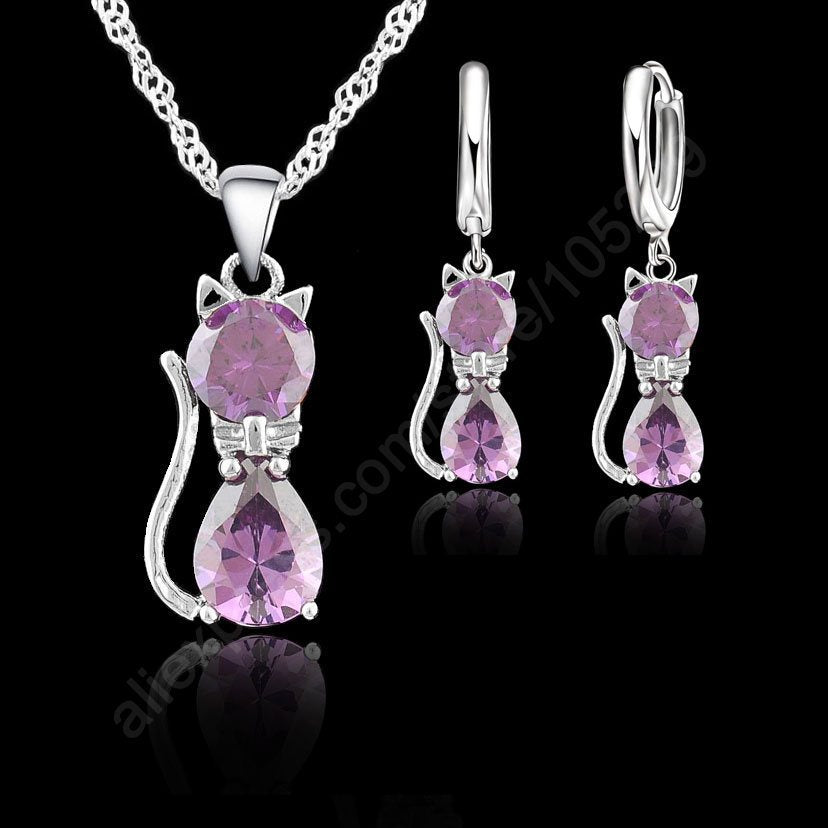 Fine Accessories Jewelry Sets Purple Real Pure 925 Sterling Silver Cute Cat Shaped Kitty Set Necklace and Earrings New Hot