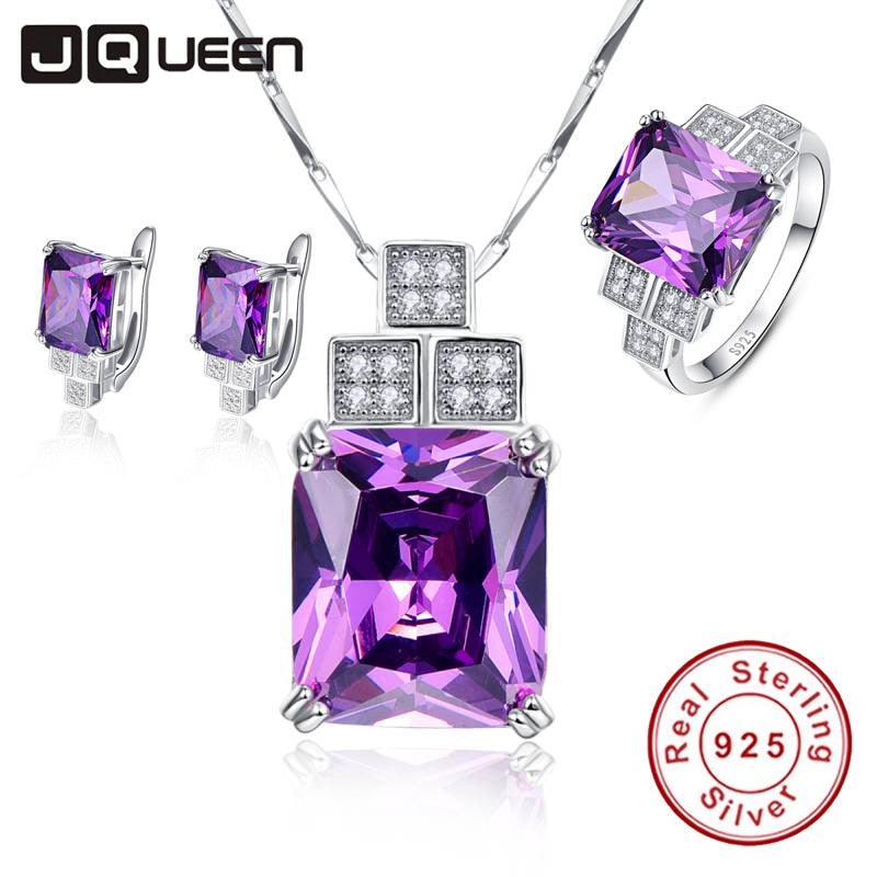 Fine Jewellry Women Wedding Accessories Bride Jewelry Set Geometric Amethyst Pendant Necklace with Stud Earrings & Silver Ring
