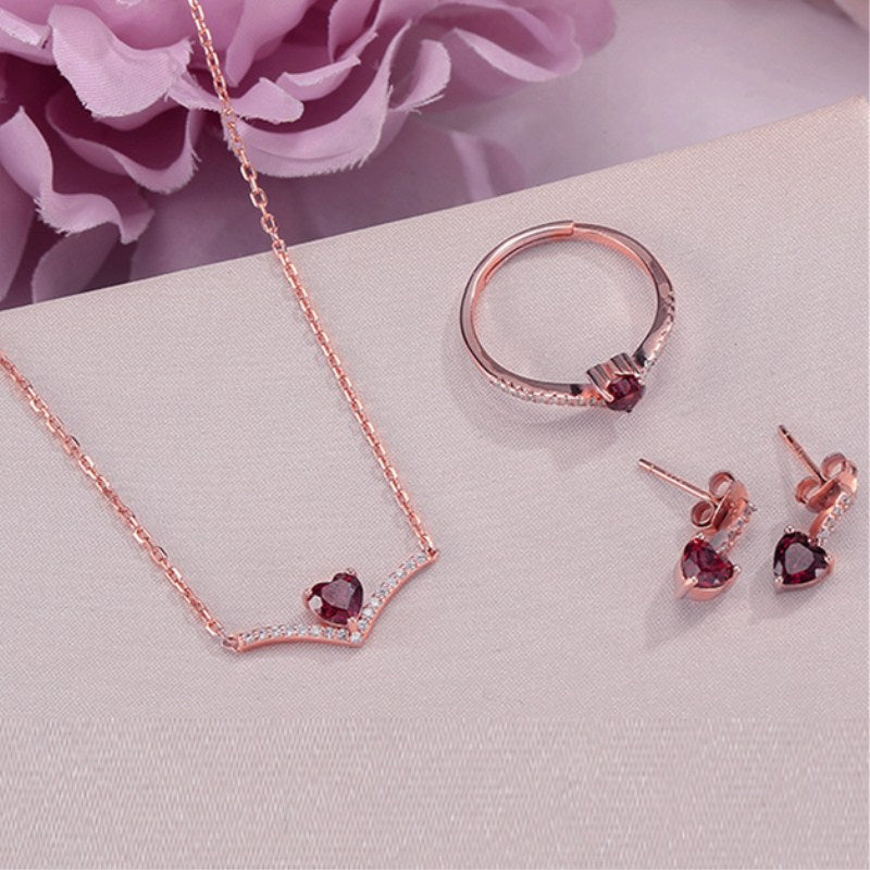 Fine Jewelry 100% 925 Silver Sets for Women Garnet 100% Natural Heart Love Red Gemstone Ring Pendants Bracelet CCV004-1