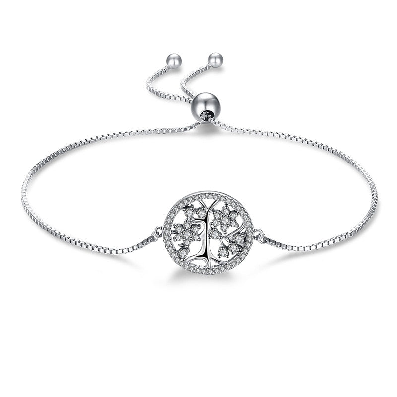 Fine Jewelry 100% 925 Sterling Silver Tree of life Zircon Charm Bracelet With Adjustable Link Chain Bracelets for Women Gift