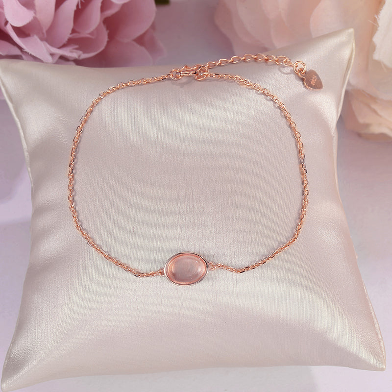 Fine Jewelry 100% Silver Bracelets for Women Rose Quartz S925 Sterling Natural Oval Pink Gemstone Charm Bracelet CCHI023