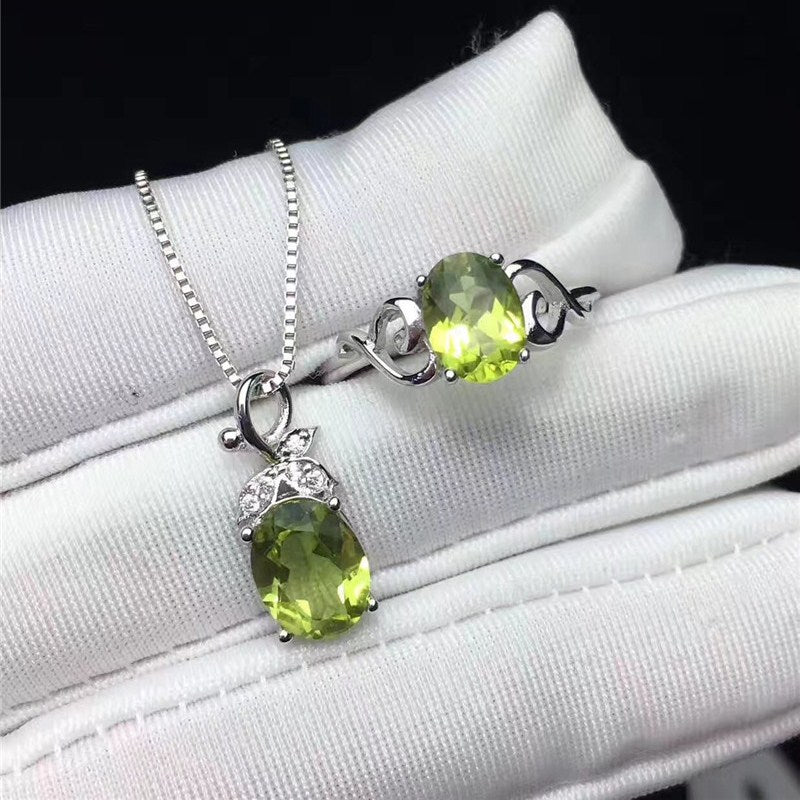 Fine Jewelry 100% Silver Sets For Women Ring Necklaces Topaz Natural Green Oval Gemstone Pendants Elegant Wedding Set CCS003-3