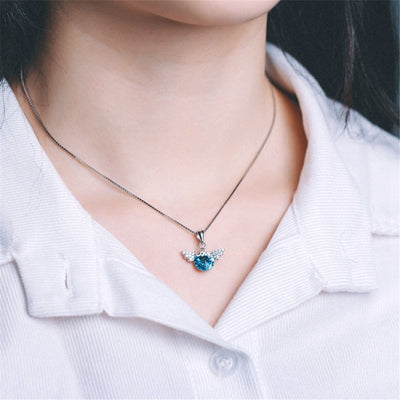 Fine Jewelry 925 Sterling Silver Necklaces For Women Fine Jewelry LOVE Blue Pink Crystal Angle Wings Pendant & Necklaces Gifts