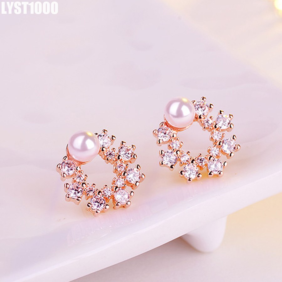 Fine Jewelry Fashion 925 Sterling Silver Stud Earrings For Women Flower Pearl Crystal Rose Gold Earring Shinning