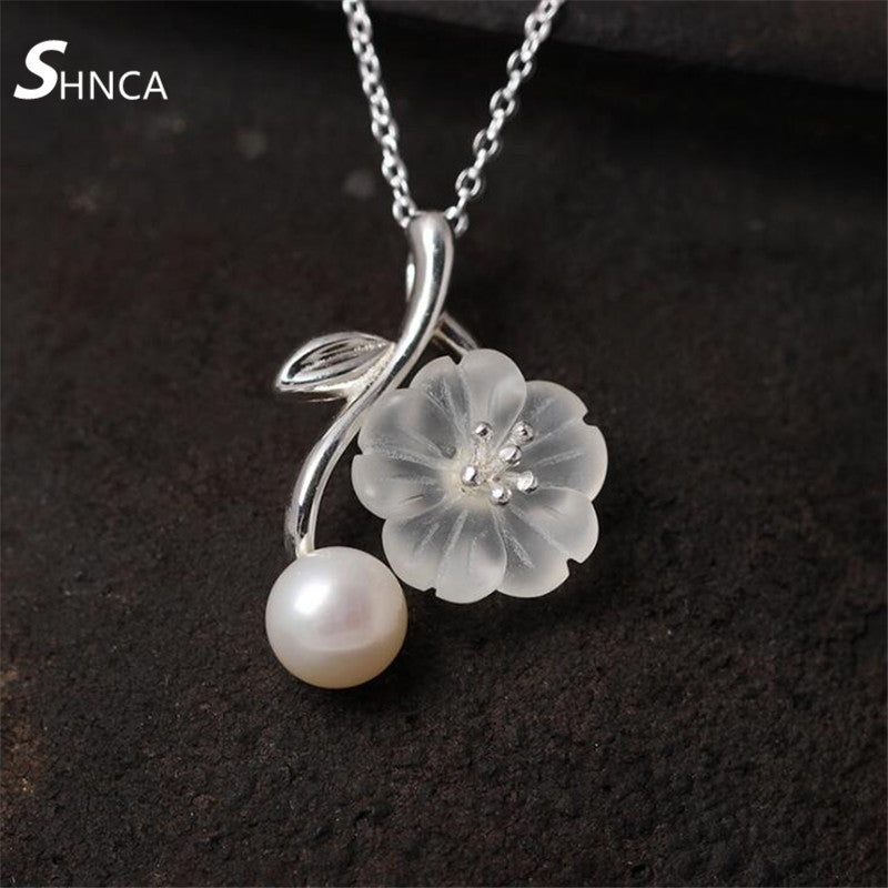 Fine Jewelry Genuine 100% 925 Sterling Silver Crystal Plum Flowers Pearl Choker Necklace Women Sterling-Silver-Jewelry N375