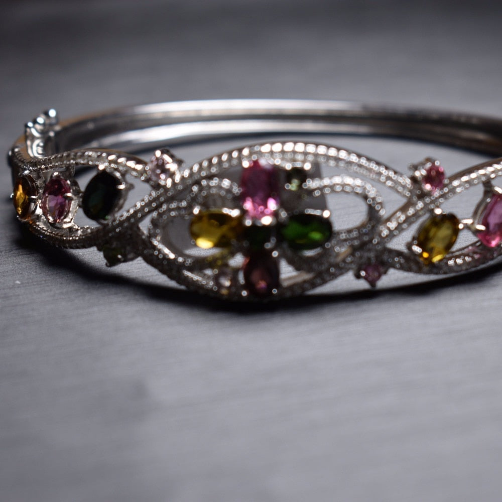 Fine Jewelry Real 925 Steling Silver s925 100% Natural Colorful Tourmaline Gemstone Female Christmas Gift Fine Bangles for Women