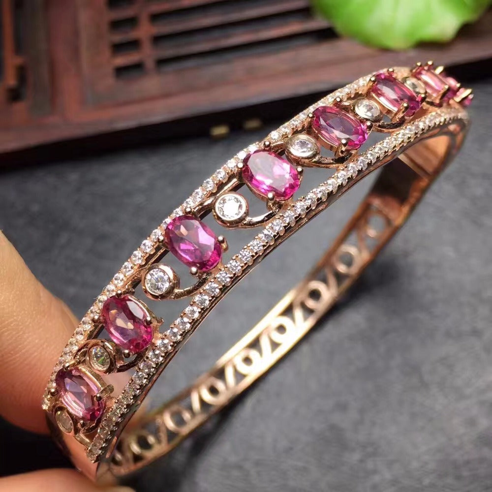 Fine Jewelry Real 925 Steling Silver s925 100% Natural Pink Topaz Gemstone Female Christmas Gift Fine Bangles for Women
