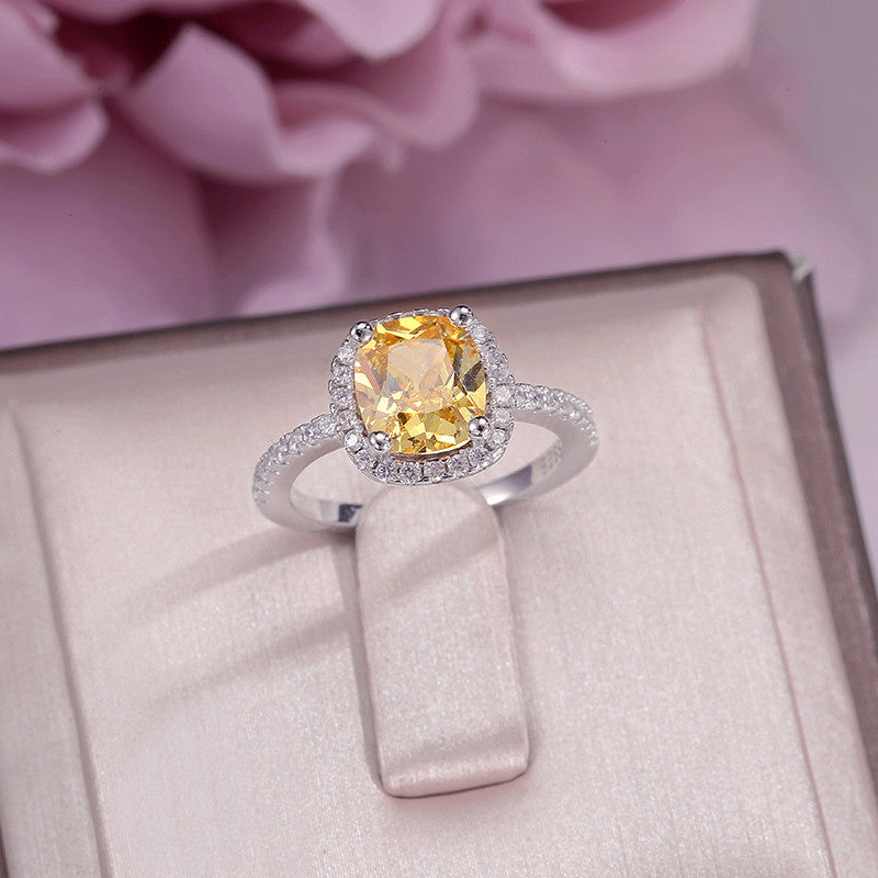 Fine Jewelry Rings For Women Soild 925 Silver Cubic Zirconia Yellow Rectangle Stone Simple Ring Bridal Wedding Engagement Bague