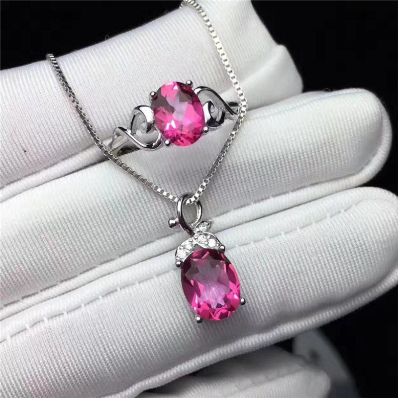 Fine Jewelry Sets For Women 100% 925 Silver Natural Pink Topaz Oval Gemstone Ring Necklaces Pendants 2PCS Set Classic CCS003-5