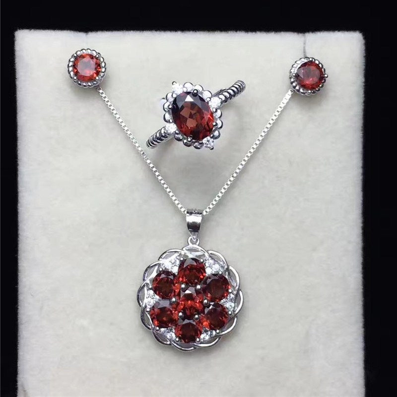 Fine Jewelry Sets For Women 100% Silver Ring Necklaces Pendants Stud Earrings Garnet Natural Gemstone Luxury Accessory CCS001-1