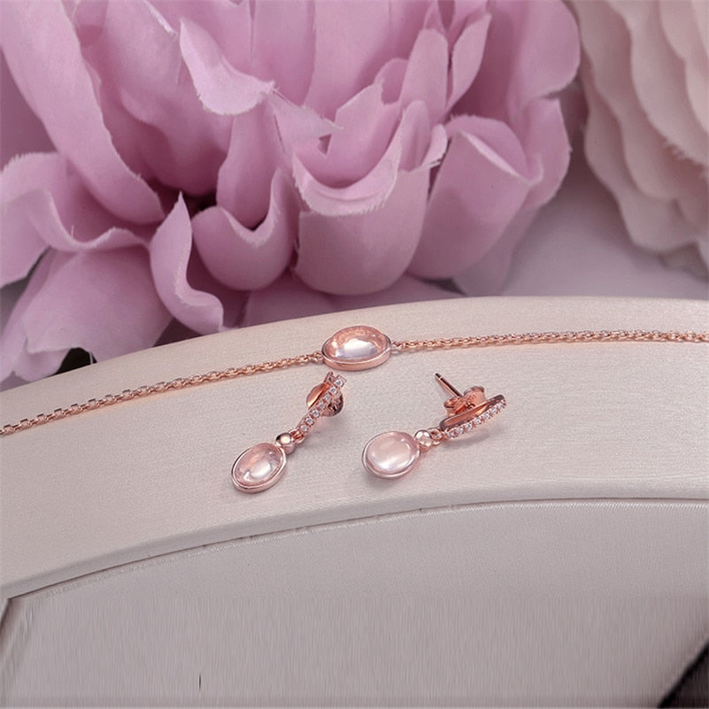 Fine Jewelry Sets For Women 925 Silver 100% Natural Rose Quartz Oval Pink Gemstone Drop Earrings Charm Bracelet CCV021-2