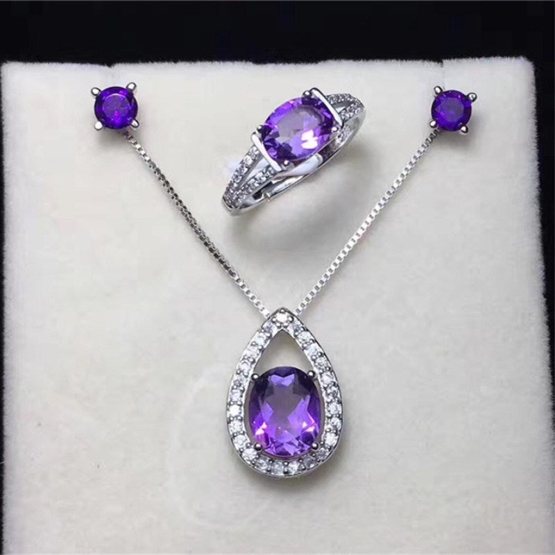 Fine Jewelry Sets For Women 925 Silver Natural Amethyst Oval Purple Gemstone Ring Stud Earrings Necklace Pendant Set CCS004-2