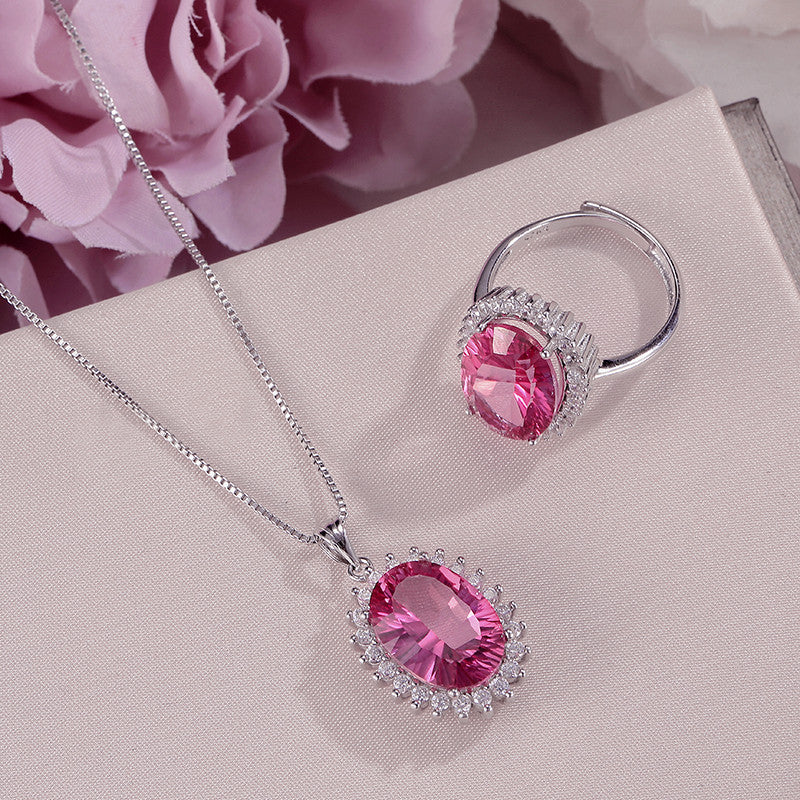 Fine Jewelry Sets For Women Necklaces Pendants Ring 925 Silver Topaz Natural Rose Red Oval Gemstone Bridal Wedding Bijoux CCS005