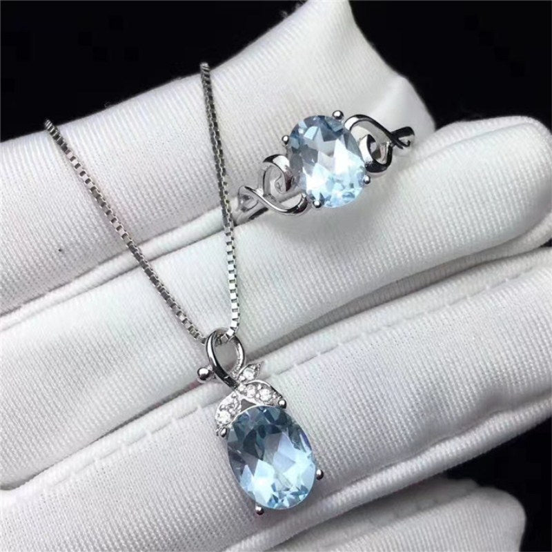 Fine Jewelry Sets For Women Solid 925 Silver Topaz Blue Oval Natural Gemstone Ring Necklaces Pendants Bridal Wedding CCS003-1