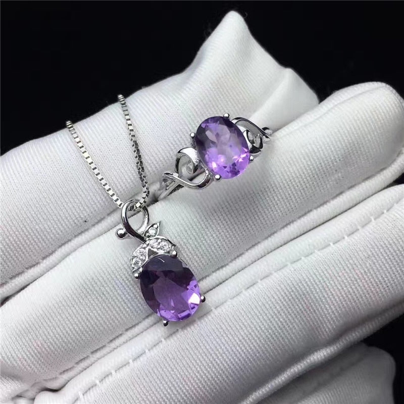Fine Jewelry Sets For Women Sterling Silver Ring Necklaces Pendants Natural Amethyst Natural Purple Oval Gemstone Set CCS003-4