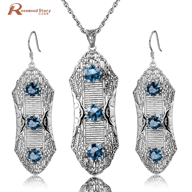 Fine Jewelry Sets Round Pendant Vintage Earrings For Women Solid 925 Sterling Silver Set Created Topaz Blue Rhinestone Crystal