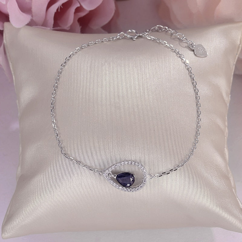 Fine Jewelry Solid 925 Silver Bracelets for Women Sapphire 100% Real Natural Blue Water Drop Gemstone Charm Bangles CCHI036