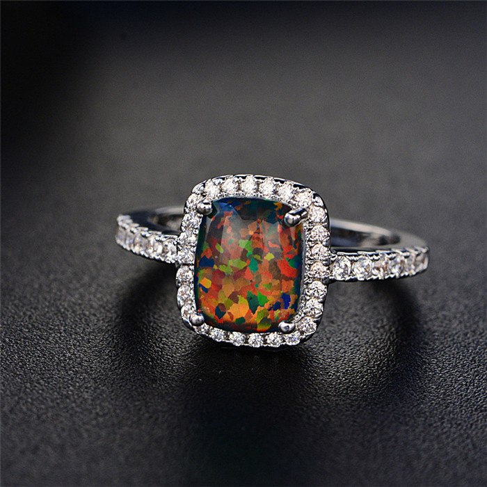 Fine Jewelry Wedding Rings For Women Silver S925 Sterling Opal Multicolor Square Cubic Zirconia Stone Ringen Bridal Bijouterie