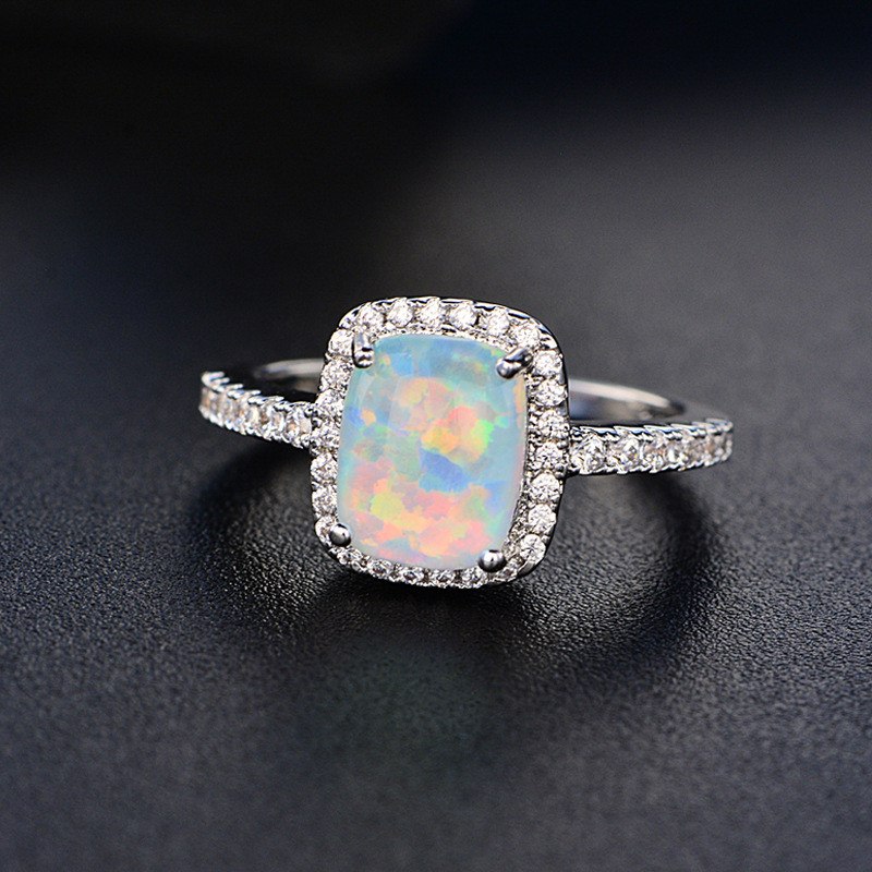 Fine Jewelry Wedding Rings For Women Silver S925 Sterling Opal Multicolor Square Cubic Zirconia Stone Ringen Bridal Bijouterie
