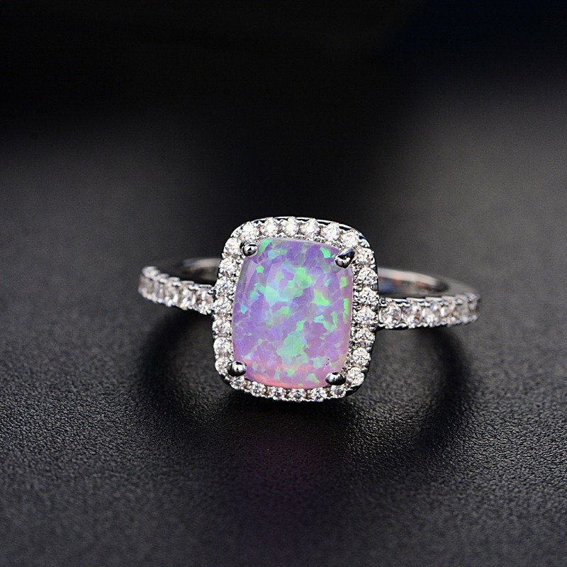 Fine Jewelry Wedding Rings For Women Silver S925 Sterling Opal Multicolor Square Cubic Zirconia Stone Ringen Bridal Bijouterie