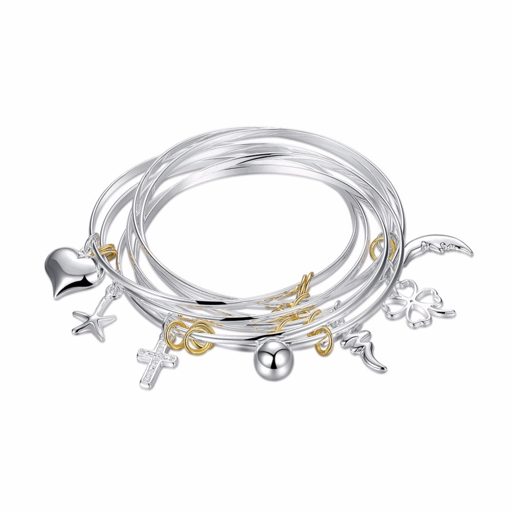 Fine Quality 925 solid silver plated moon/star/cross heart/Clover/Bell 7 charms circle bracelets bangles women's fashion jewelry