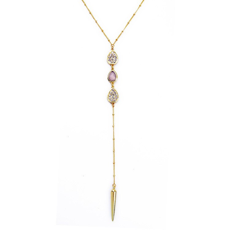 Fine Quality Women Delicate Jewelry Triple Crystal Gem Lariat Necklace Long Gold Spike Pendant Y-Necklace Summer Jewelry