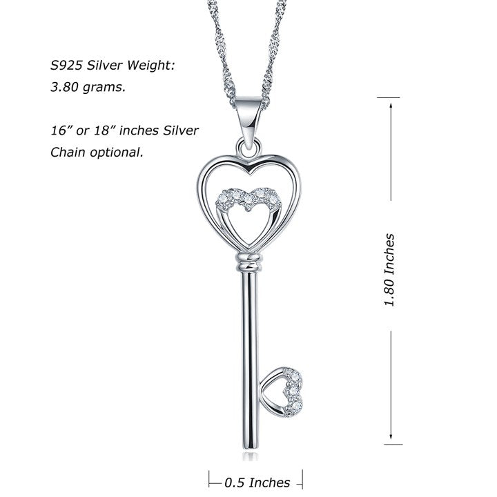 Fine S925 Sterling Silver Key Pendant Necklace Women Wedding Jewelry Heart Shaped Designer Valentine's Mother's D gift