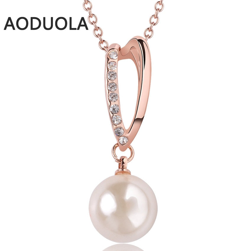 Fine Snake chain Necklace heart white crystal round Imitation pearls Pendants Necklace Rose Gold Color for Women Jewelry gift
