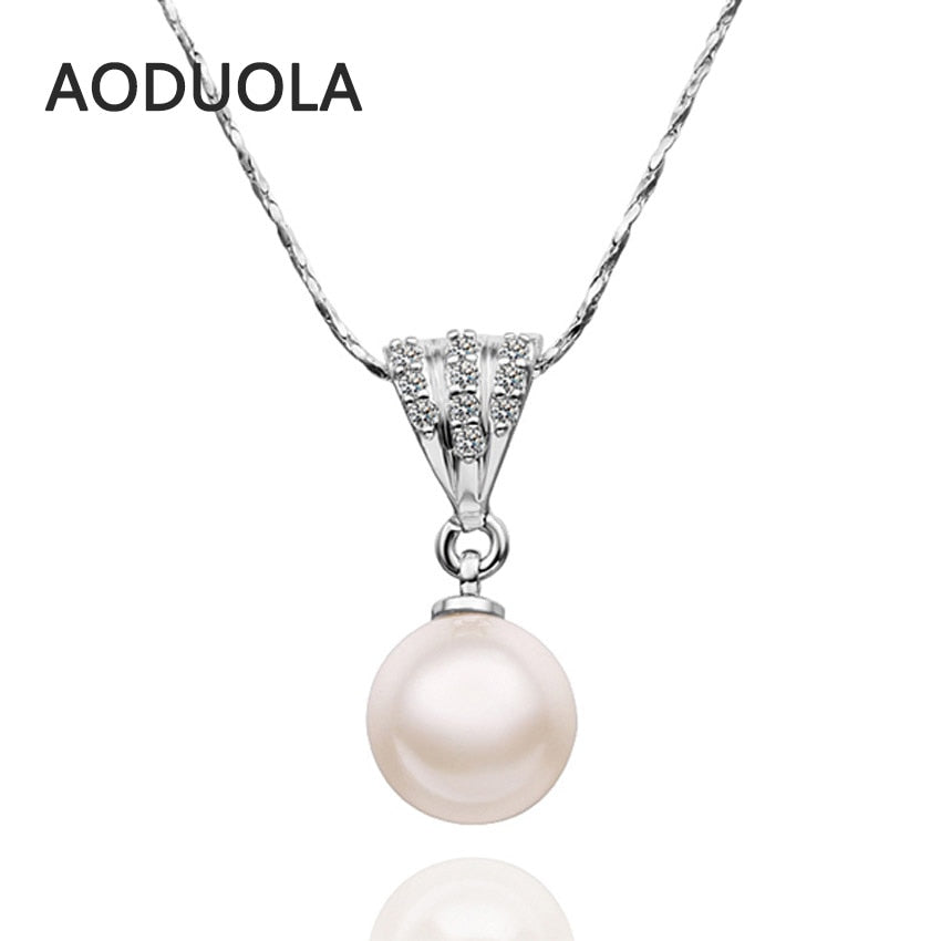 Fine Snake chain Necklace with white crystal round Imitation pearls Pendants Necklace Sliver Plated for Women Jewelry gift