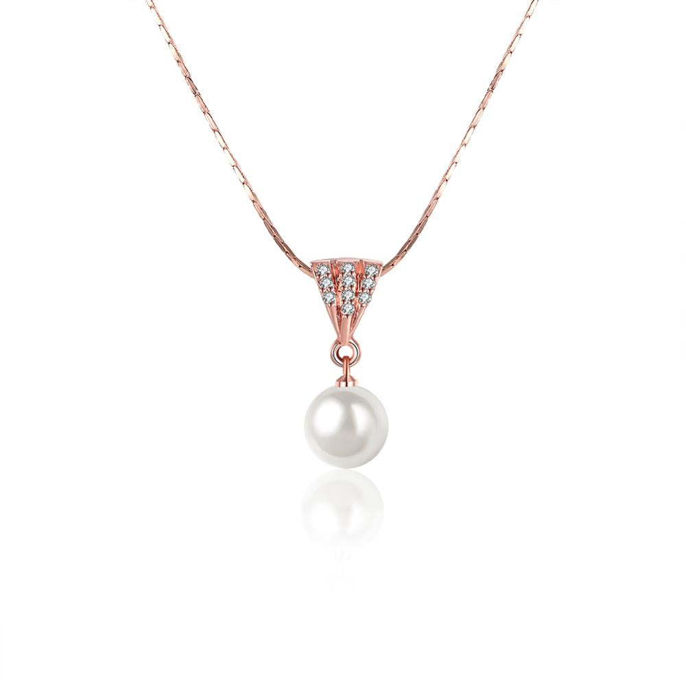 Fine Snake chain Necklace with white crystal round Simulated pearl Pendants Necklace Rose Gold Color for Women Jewelry gift