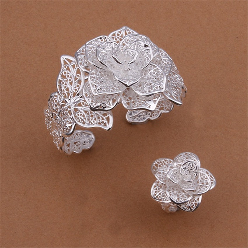 Fine Street all-match 925 Sterling Silver big flower bangles rings bracelets for women party wedding Jewelry sets Gifts