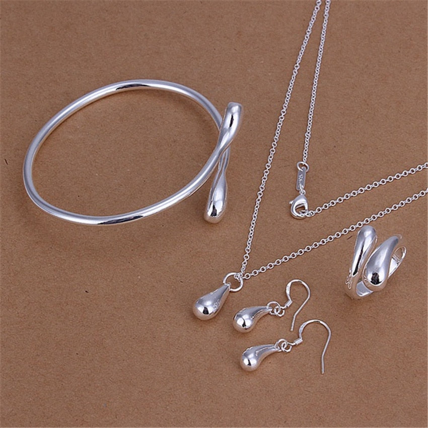 Fine Street 925 sterling Silver Water drop Pendant bangle Bracelet necklaces earrings rings for women Party Jewelry sets