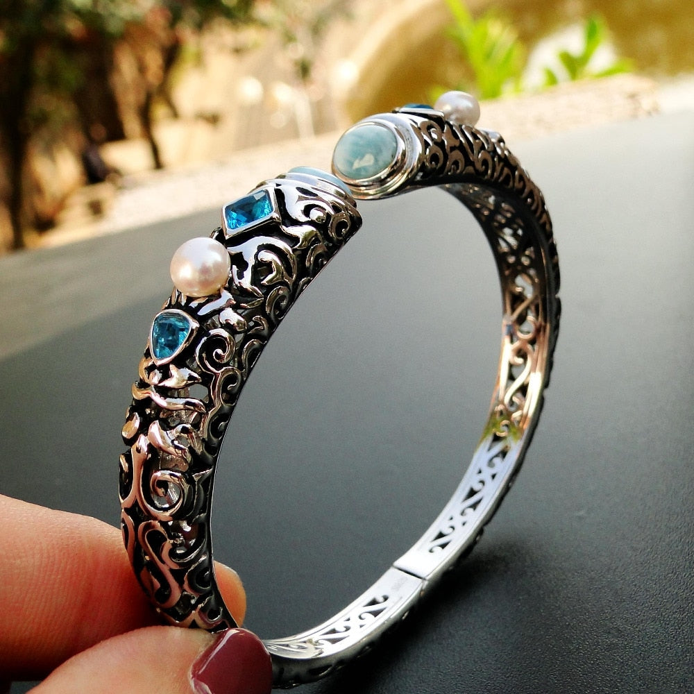 Fine Women Jewelry High Quality Natural Larimar Bracelet Nice Larimar Bangle 100% 925 Sterling Silver Open Bangle as women Gift