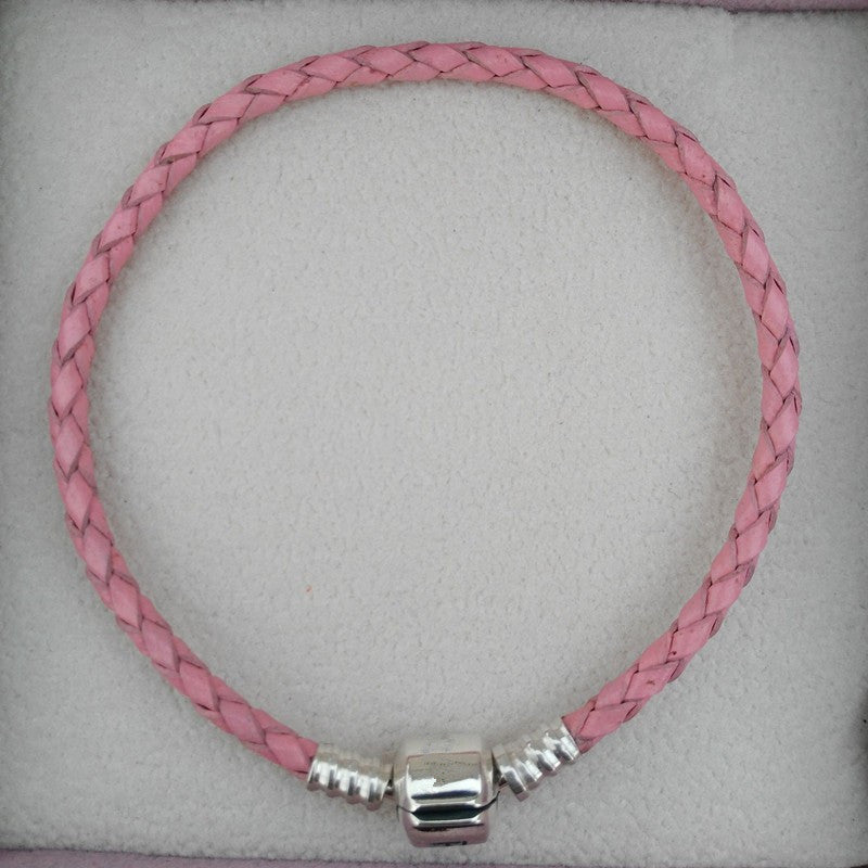 Fine jewelry pink Leather Bracelets With 925 sterling silver Clasp   For European Brand Charms beads DIY PL003