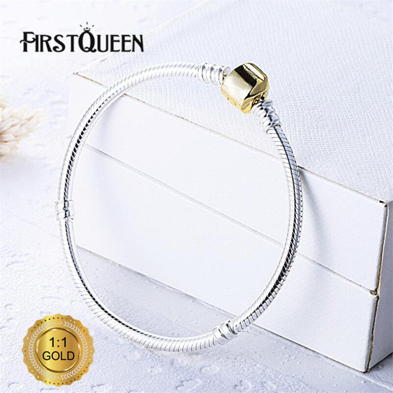 Genuine Silver Charm Bracelet With 14K Gold Clasp Fit Brand Charms Beads Anniversary DIY Gift For Jewelry Making