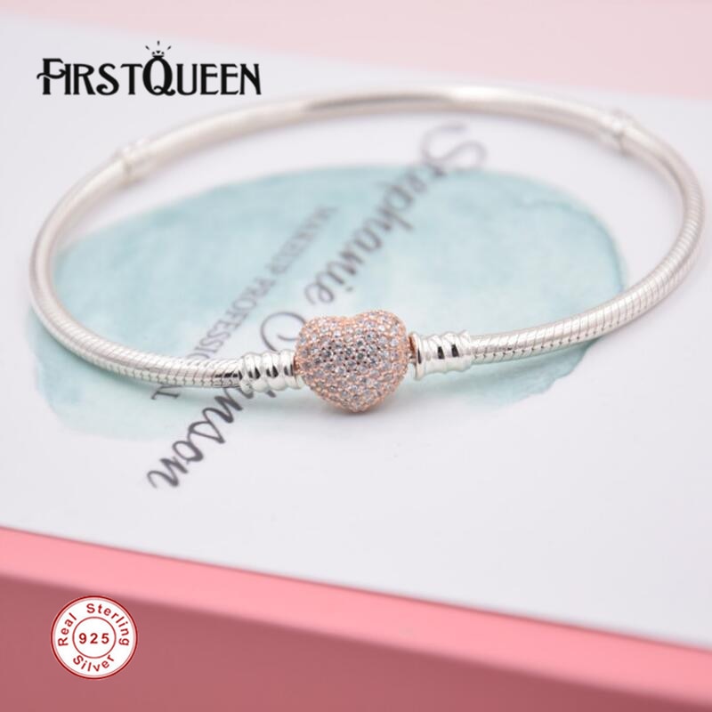 Pure 925 Silver Bracelet with Rose Gold Heart Clasp Fit Brand Charms Beads Anniversary DIY Gift For Jewelry Making