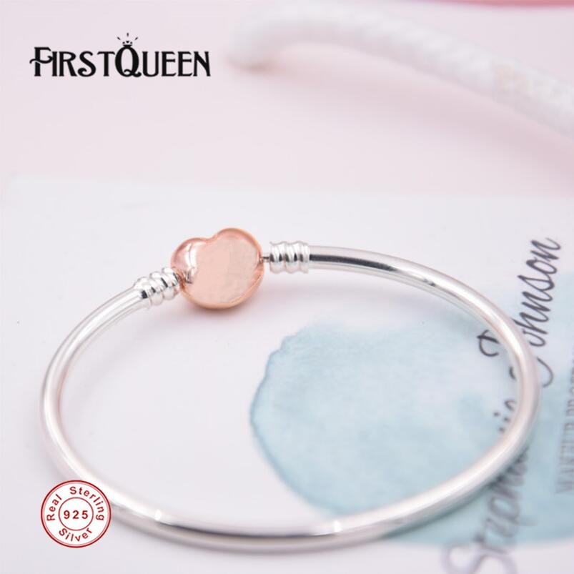 Pure 925 Sterling Silver Bangle With Rose Gold Heart Clasp Fit Brand Charms Beads Fine Jewelry