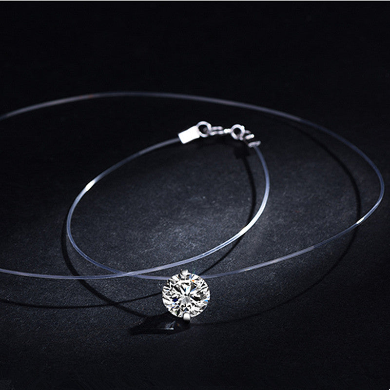 925 Sterling Silver Dazzling Zircon Invisible Necklace For Women Fishing Line Simple Crystal Pendant Necklace Bijoux