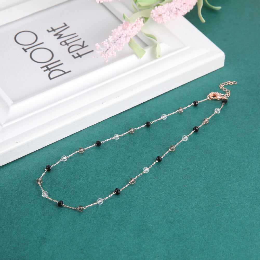 Fishhook Crystal Black Pure Short Choker Necklace Rose Gold Color Boho Bohemia Gift For Woman Girl Chain Necklaces Jewelry