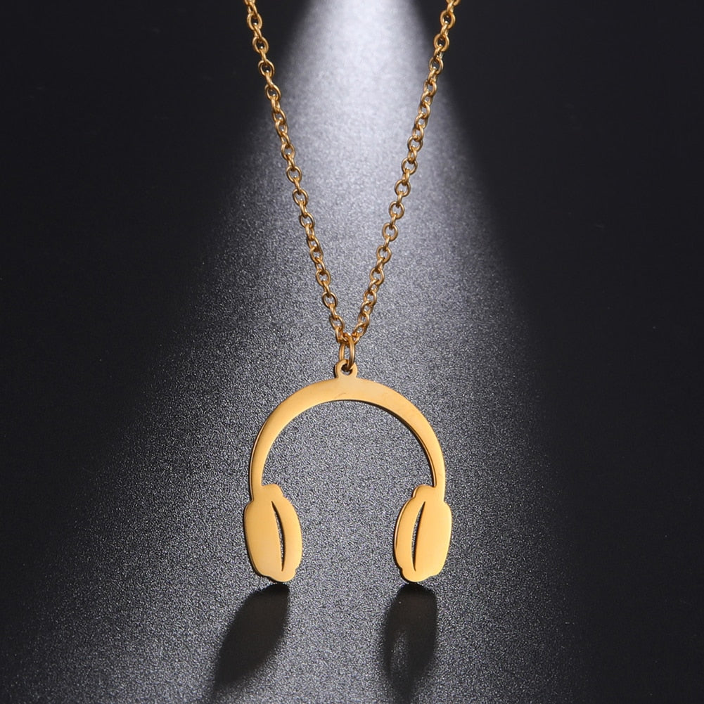 Fishhook Headset Necklace Singer Music Musical Song Hip Pop Rock Rose Gold Color Stainless Steel Gift For Woman Man Jewelry