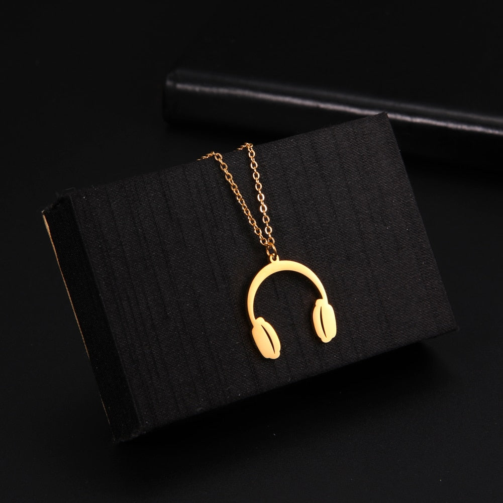 Fishhook Headset Necklace Singer Music Musical Song Hip Pop Rock Rose Gold Color Stainless Steel Gift For Woman Man Jewelry
