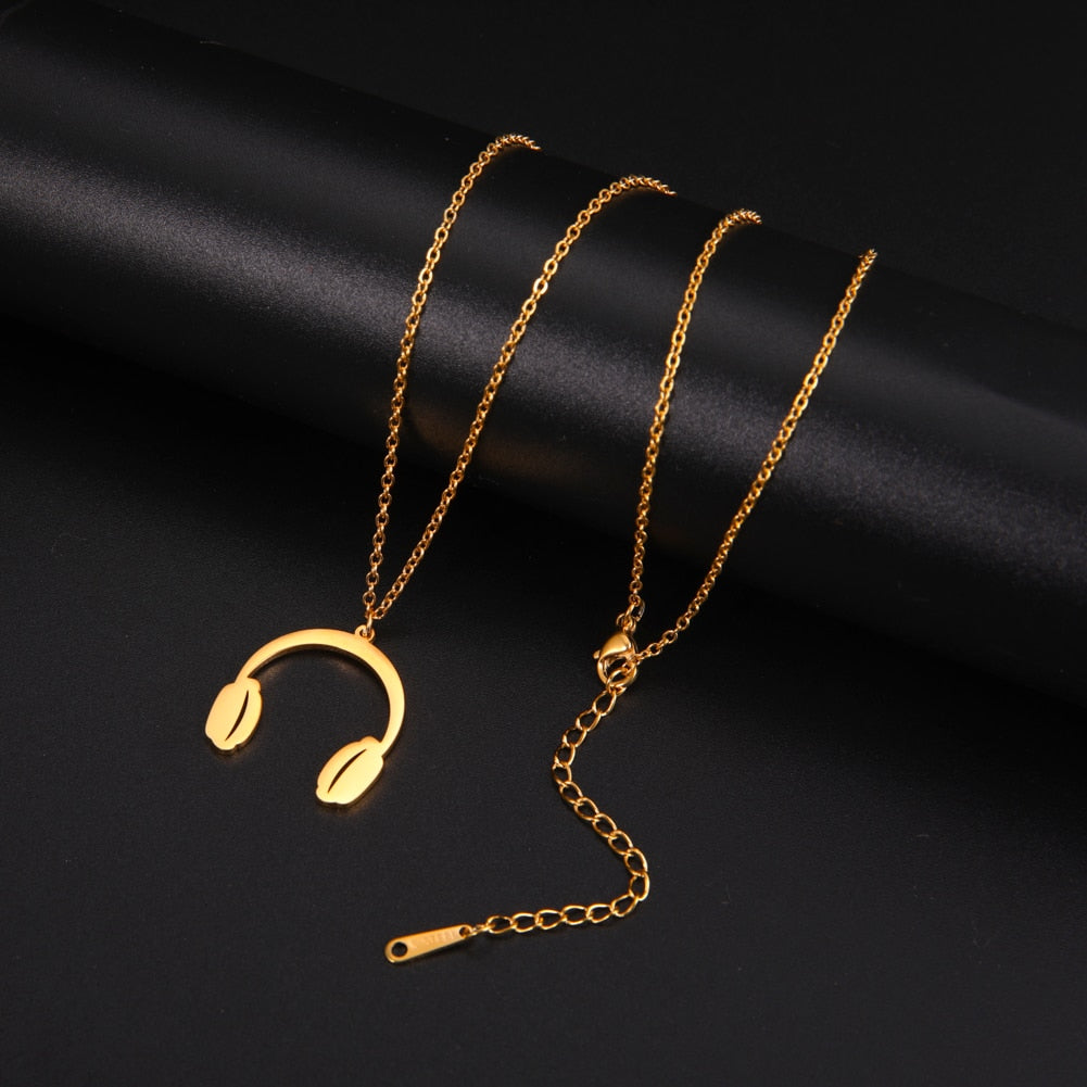 Fishhook Headset Necklace Singer Music Musical Song Hip Pop Rock Rose Gold Color Stainless Steel Gift For Woman Man Jewelry