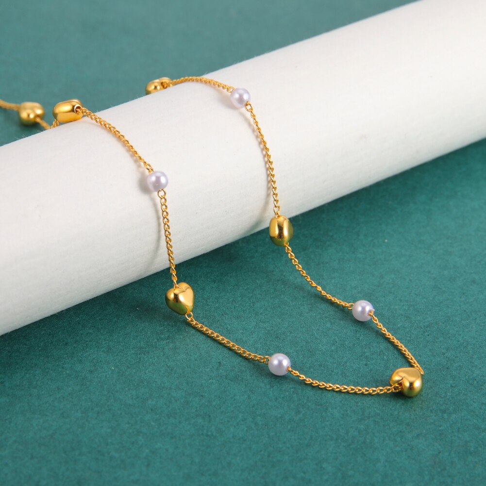 Fishhook Heart Copper White Pearl Beads Short Choker Necklace Rose Gold Color Boho Bohemia Gift For Woman Girl Chain Jewelry New