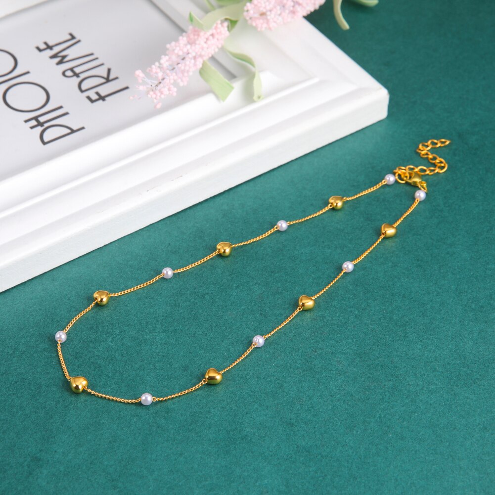 Fishhook Heart Copper White Pearl Beads Short Choker Necklace Rose Gold Color Boho Bohemia Gift For Woman Girl Chain Jewelry New