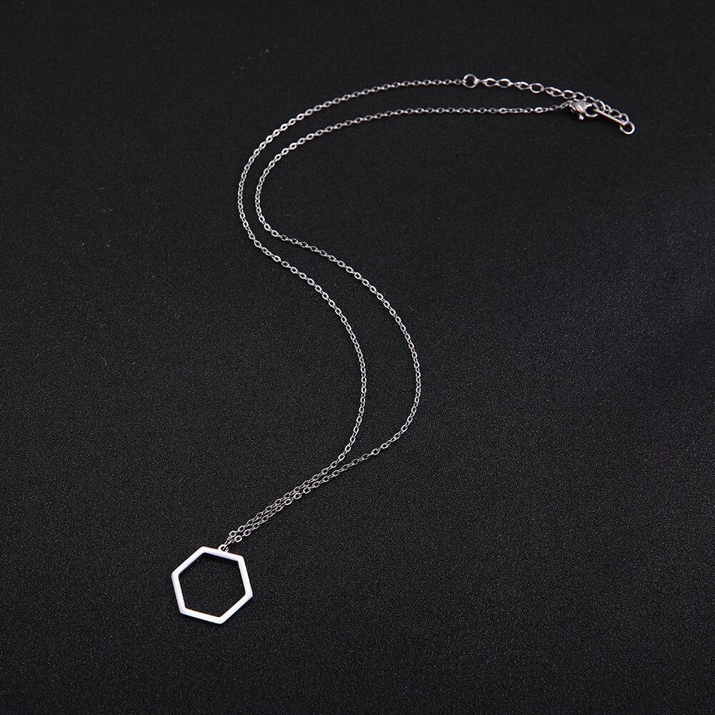 Fishhook Jigsaw Puzzle Hollow Hexagon Circle Necklace Small Gold Color Stainless Steel Women Girl Man Lover Pendant Gift Jewelry
