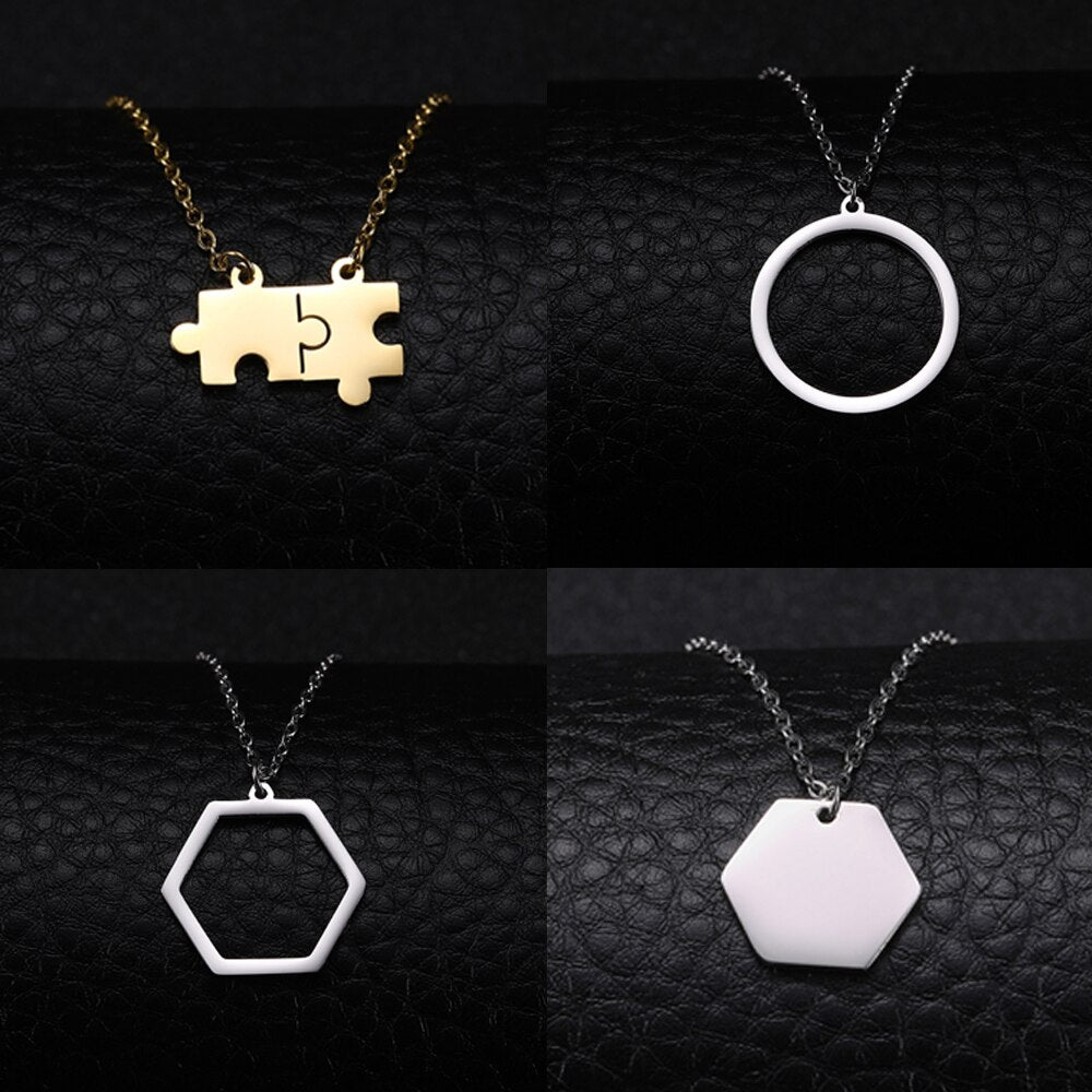Fishhook Jigsaw Puzzle Hollow Hexagon Circle Necklace Small Gold Color Stainless Steel Women Girl Man Lover Pendant Gift Jewelry