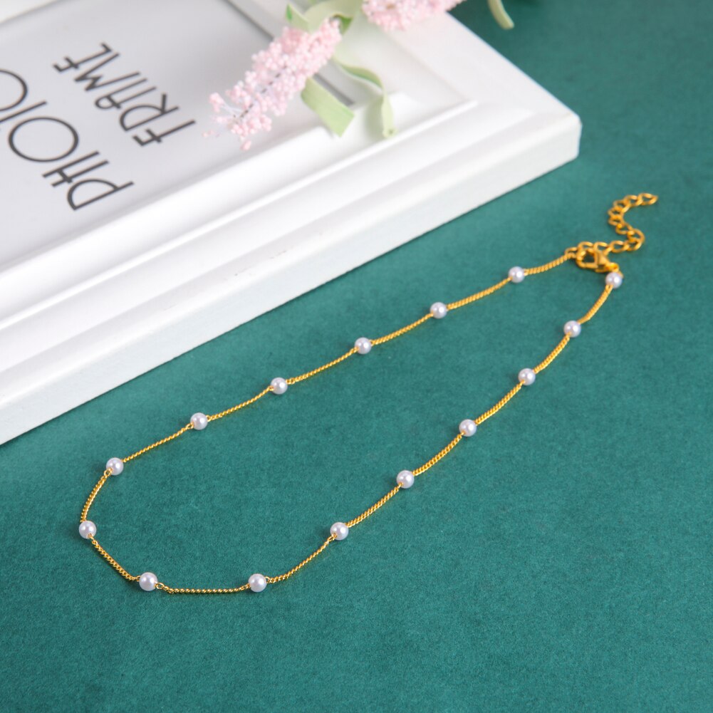 Fishhook White Pearl Beads Short Choker Necklace Rose Gold Color Boho Bohemia Gift For Woman Girl Chain Necklaces Jewelry New