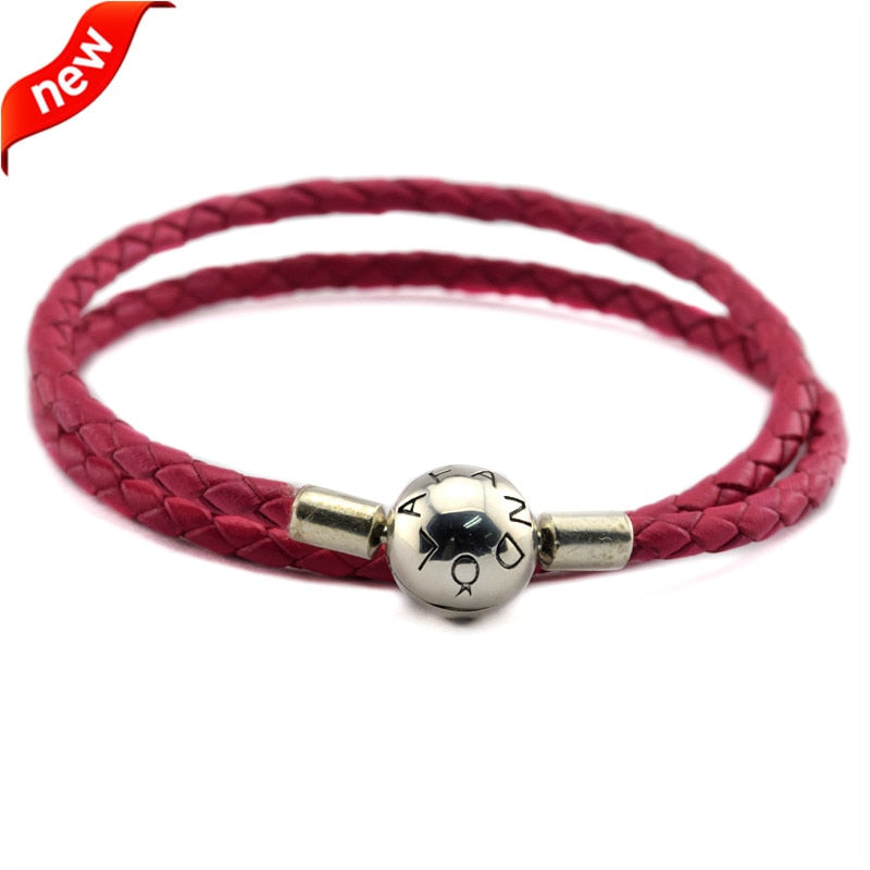 Fits European Beads Charm 925 Sterling Silver Bracelets for Women DIY Jewelry Making Rose Leather Bracelets with Round Clasp
