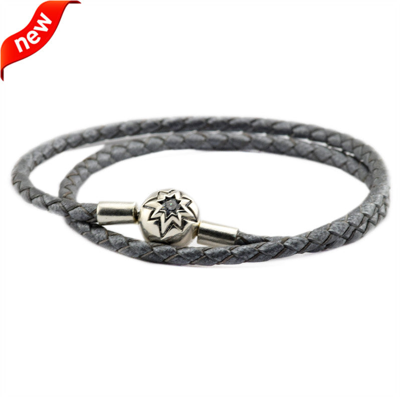 Fits European Beads Charm 925 Sterling Silver Bracelets for Women DIY Making Grey Leather Bracelets with Starry Sky Clasp