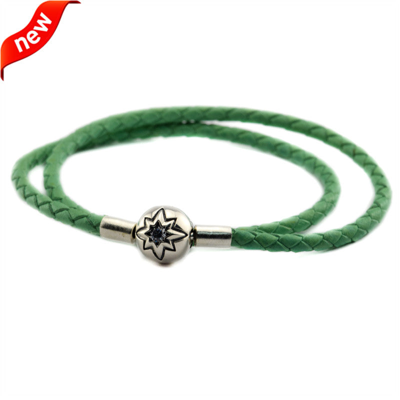 Fits European Beads Green Leather Bracelets for Women DIY Making Leather Bracelets with 925 Sterling Silver Starry Sky Clasp